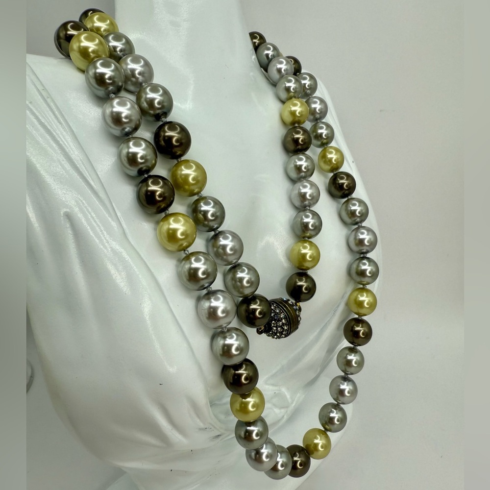 Heidi Daus Faux Pearl Necklace 36” — Multi-Tone Double Strand w Pave Screw Clasp - Picture 13 of 17